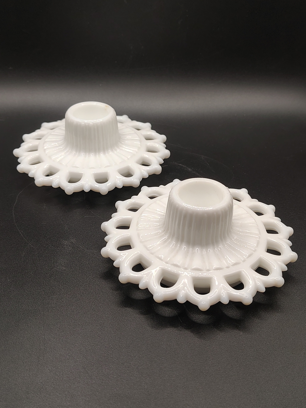 Vintage Mid-20's Randolph Fostoria Milk Glass Candle Stick Holders